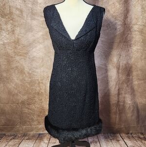 Textured Black Dress with Real Fur Hem – Size M-  Elegant Cocktail / Evening